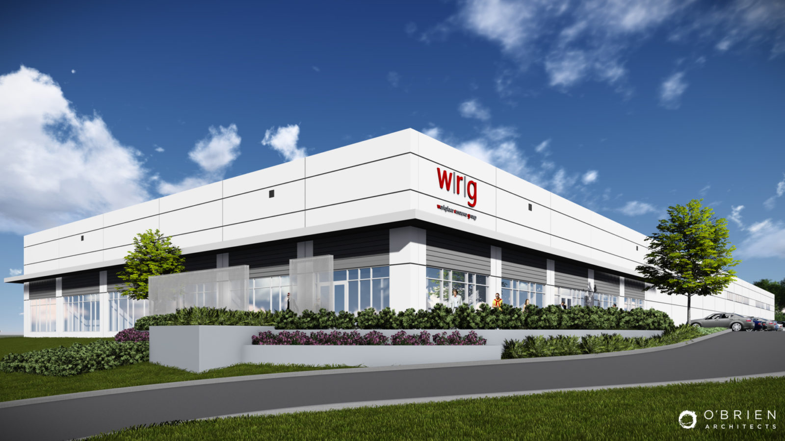 Architectural rendering of furniture of dealership building with landscaping
